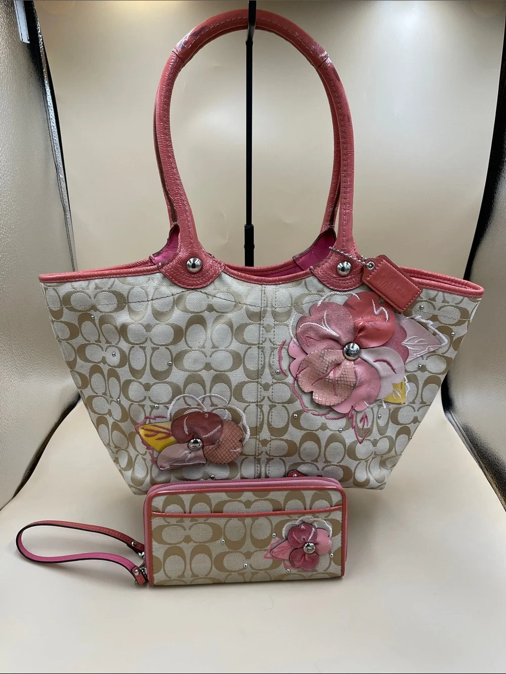 Coach Bleeker Pink Floral Tote Bag with Matching Wallet